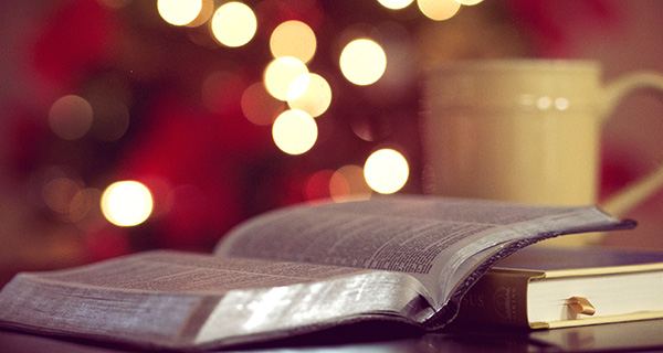 Bible, mug, and Christmas lights